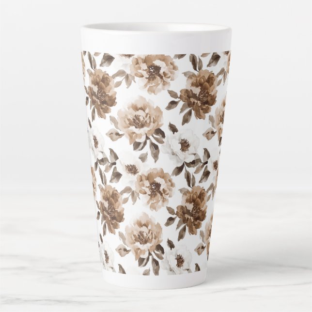 Brown Cream White Flowers Christmas Latte Mug (Front)