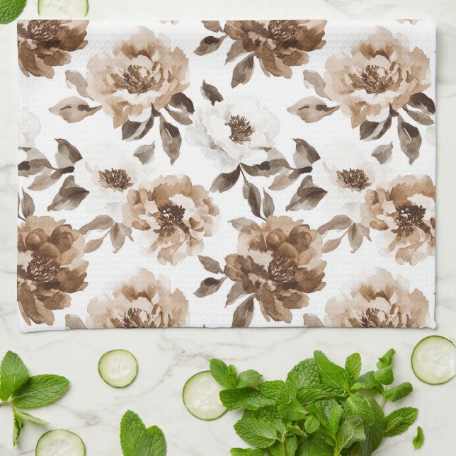 Brown Cream White Flowers Christmas Tea Towel (Folded)