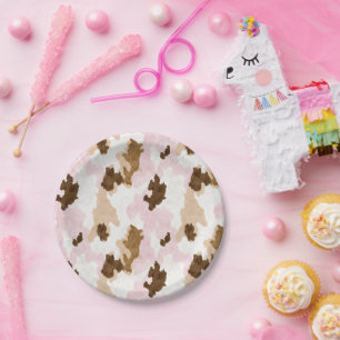 Brown Cream White Pink Cow Print Birthday Paper Plate