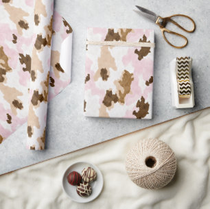 Brown Cream White Pink Cow Print Birthday Wrapping Paper