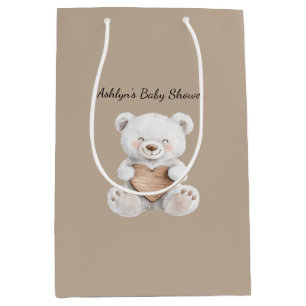 Brown Cream White Teddy Bears Hearts Baby Shower Medium Gift Bag
