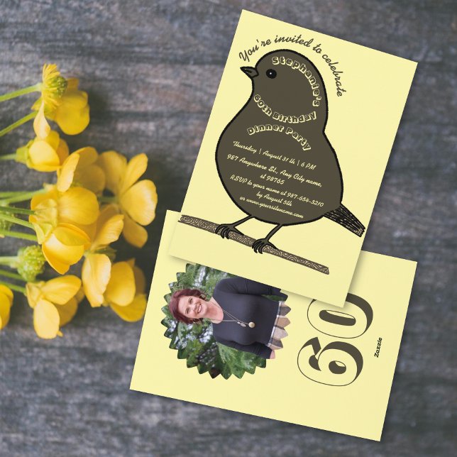 Brown Creamy 60th Birthday Cute Bird Dinner Party Invitation (Creator Uploaded)