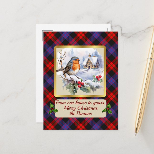 Brown Crest & Tartan w/Robin Personalised   Holiday Postcard (Front/Back In Situ)