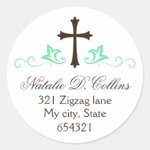 Brown cross mint green flourish custom address classic round sticker
