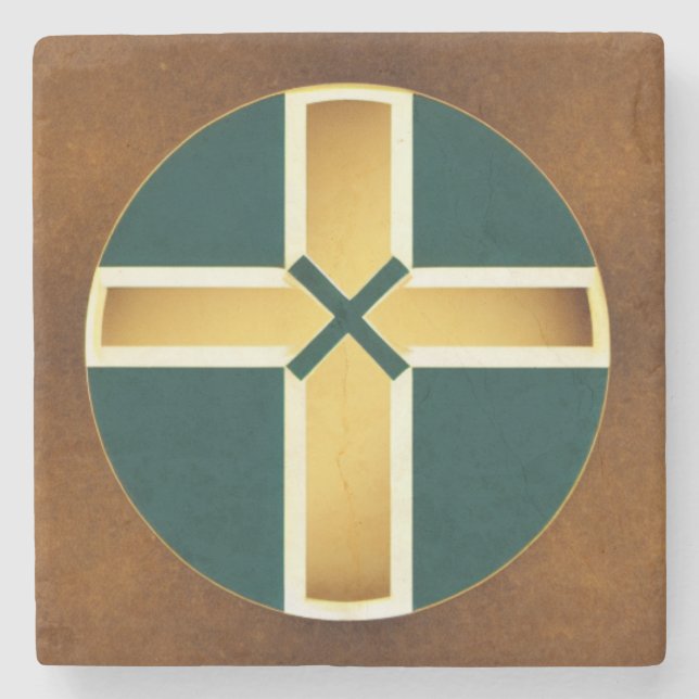 Brown Cross with Teal Background Marble Coaster (Front)