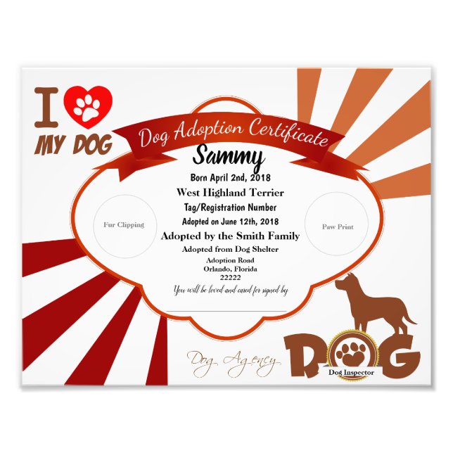 Brown Customisable Dog Adoption Certificate Photo Print (Front)