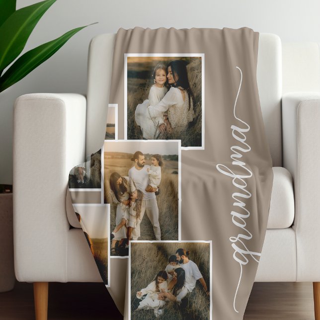 Brown Customised Grandma Grandkid 5 Photo Collage  Fleece Blanket (Creator Uploaded)
