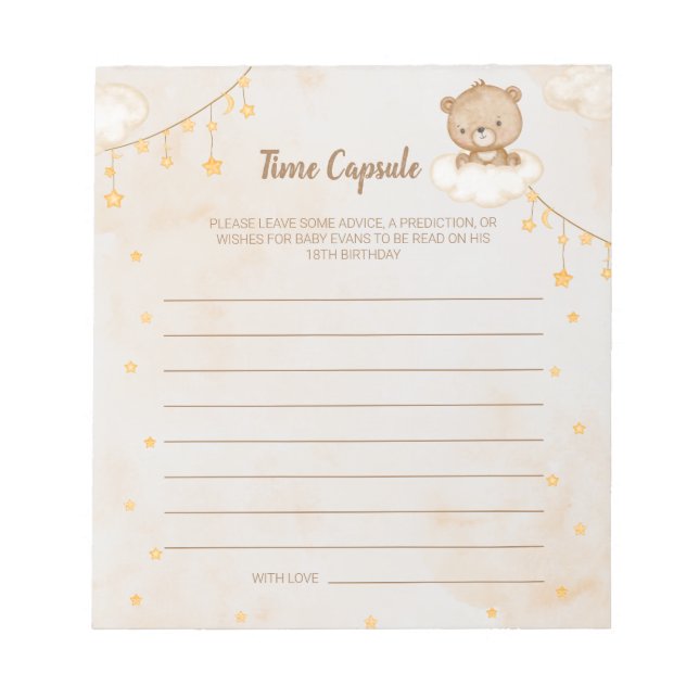 Brown Cute Bear Baby Shower Time Capsule Notepad (Front)