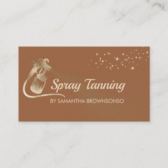 Brown Cute Gold Elegant Calligraphy Tan Spray Business Card (Front)