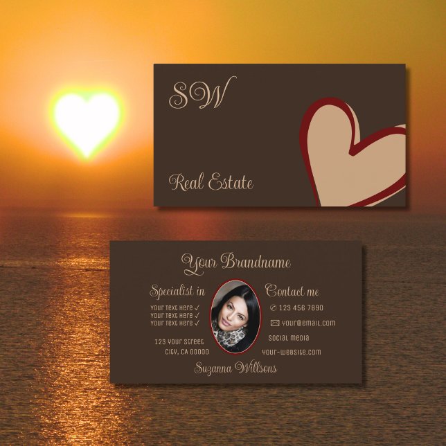 Brown Cute Red Beige Heart with Monogram and Photo Business Card (Creator Uploaded)