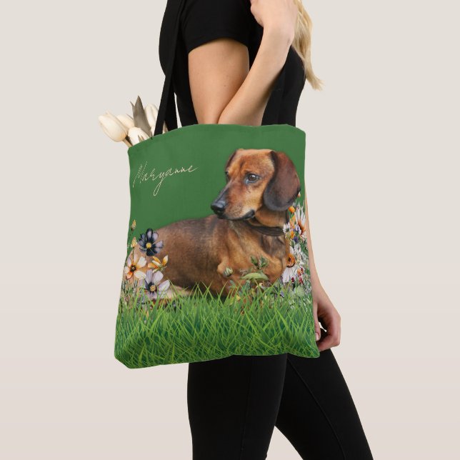 Brown Dachshund Dog Personalised Tote Bag (Close Up)