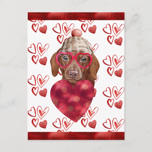 Brown Dachshund Hearts Dog Lover Valentine Gift Holiday Postcard (Front)