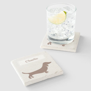 Brown Dachshund on Beige Stripes Custom Name Stone Coaster