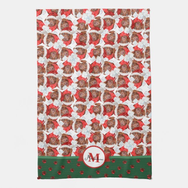 Brown Dachshund Pattern Monogram Christmas Dog Tea Towel (Vertical)