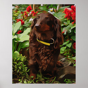 Brown Dachshund Sitting In The Garden With Flower Poster