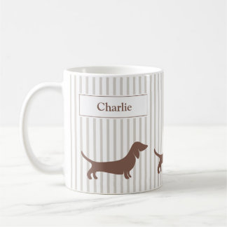 Brown Dachshunds on Beige Stripes Custom Name Coffee Mug