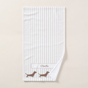 Brown Dachshunds on Beige Stripes Custom Name Hand Towel