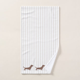 Brown Dachshunds on Beige Stripes Hand Towel