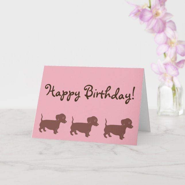 Brown Dachshunds Pink Happy Birthday Card (Orchid)