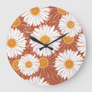 Brown Daisies: Seamless Flower Pattern Large Clock