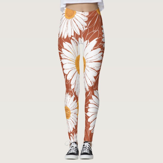 Brown Daisies: Seamless Flower Pattern Leggings (Front)