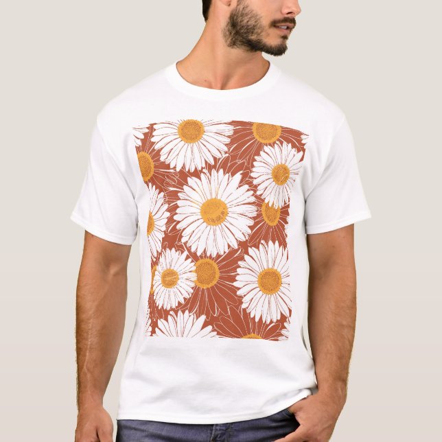 Brown Daisies: Seamless Flower Pattern T-Shirt (Front)