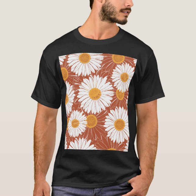 Brown Daisies: Seamless Flower Pattern T-Shirt (Front)