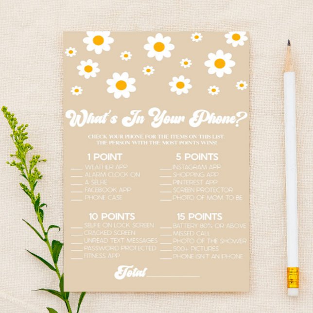 Brown Daisy Retro In Your Phone Baby Shower Game Stationery (Creator Uploaded)