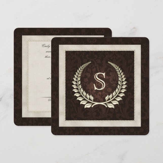 Brown damask and Pearls wedding invitation (Front/Back)