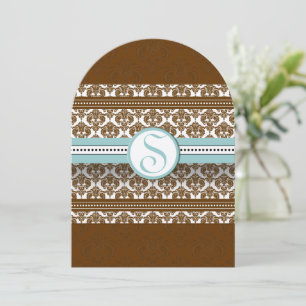 Brown Damask Aqua Blue Trim Wedding Invitation