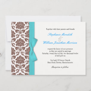 Brown Damask Aqua Bow Wedding Invitation
