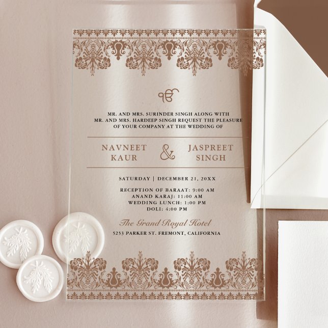 Brown Damask Border Anand Karaj Sikh Wedding Acrylic Invitations (Creator Uploaded)