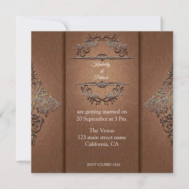 Brown Damask Design Wedding Invitation (Front)