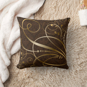 Brown Damask Gold Swirls Flourishes Cushion