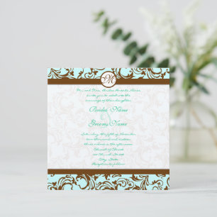 Brown Damask Light Aqua Blue Wedding Invitation