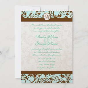 Brown Damask Light Aqua Blue Wedding Invitation