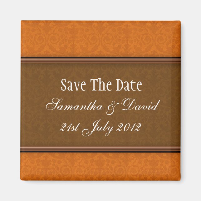 Brown Damask Monogram Save The Date Magnet (Front)
