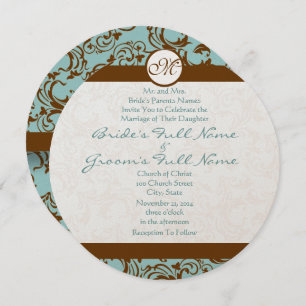 Brown Damask on Aqua Wedding Invitation