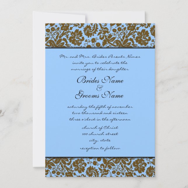 Brown Damask On Blue Wedding Invitation (Front)