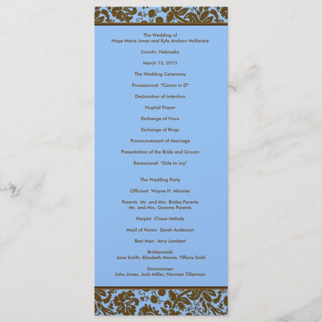 Brown Damask On Blue Wedding Program (Front)
