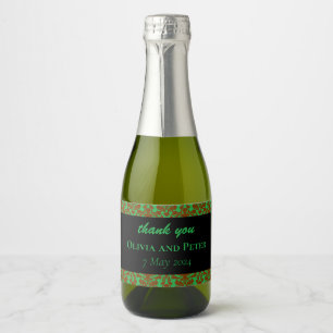 Brown damask pattern green wedding sparkling wine label