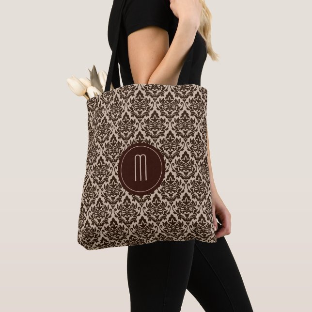 Brown Damask Pattern Monogram Tote Bag (Close Up)