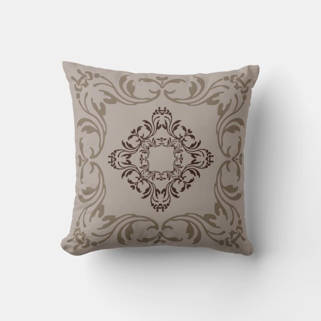 Brown Damask pattern | Plain Tan background Cushion (Front)