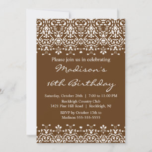 Brown Damask Sweet Sixteen Birthday Invitation