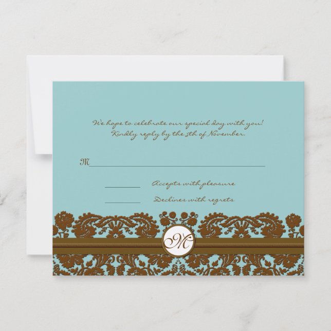 Brown Damask Wedding Monogram Response Card (Front)