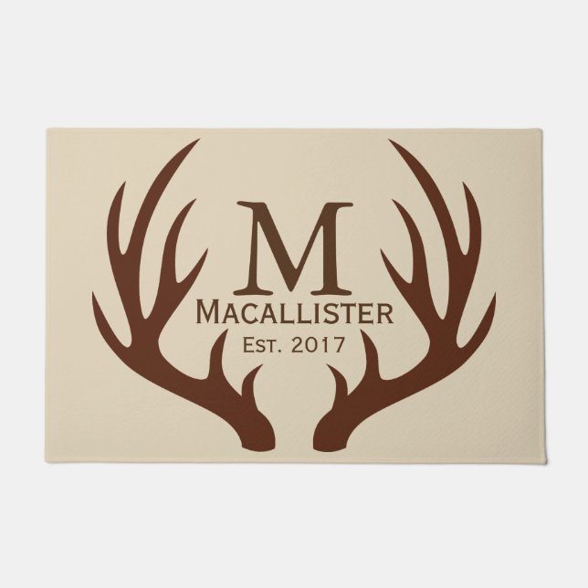 Brown Deer Buck Antlers & Taupe Family Name Doormat (Front)