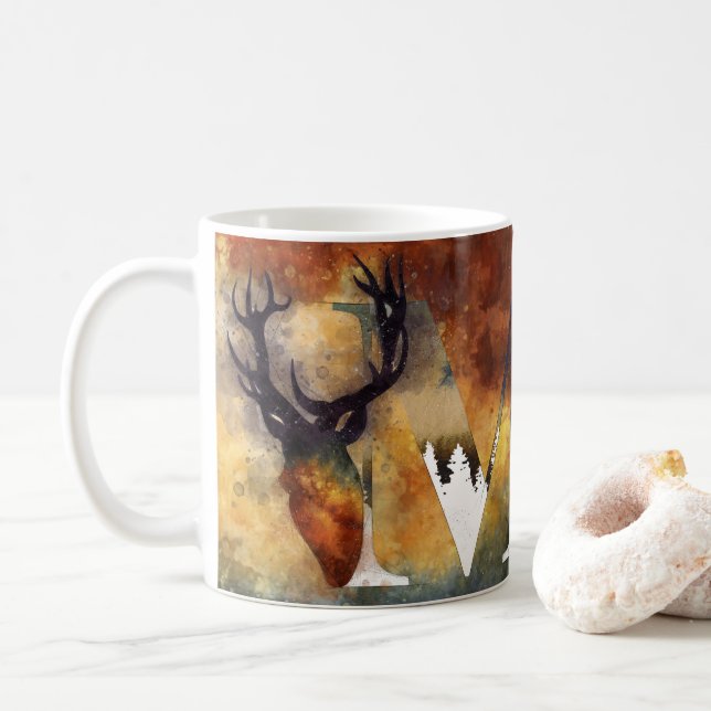 Brown Deer Monogram Family Cabin Name Coffee Mug (With Donut)