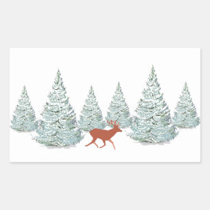 Brown Deer under Snow Covered Spruce Trees Rectangular Sticker