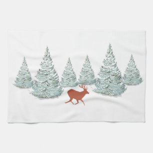 Brown Deer under Snow Covered Spruce Trees   Tea Towel