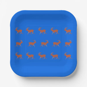 Brown Deer Walking Festive Pattern Blue Paper Plate